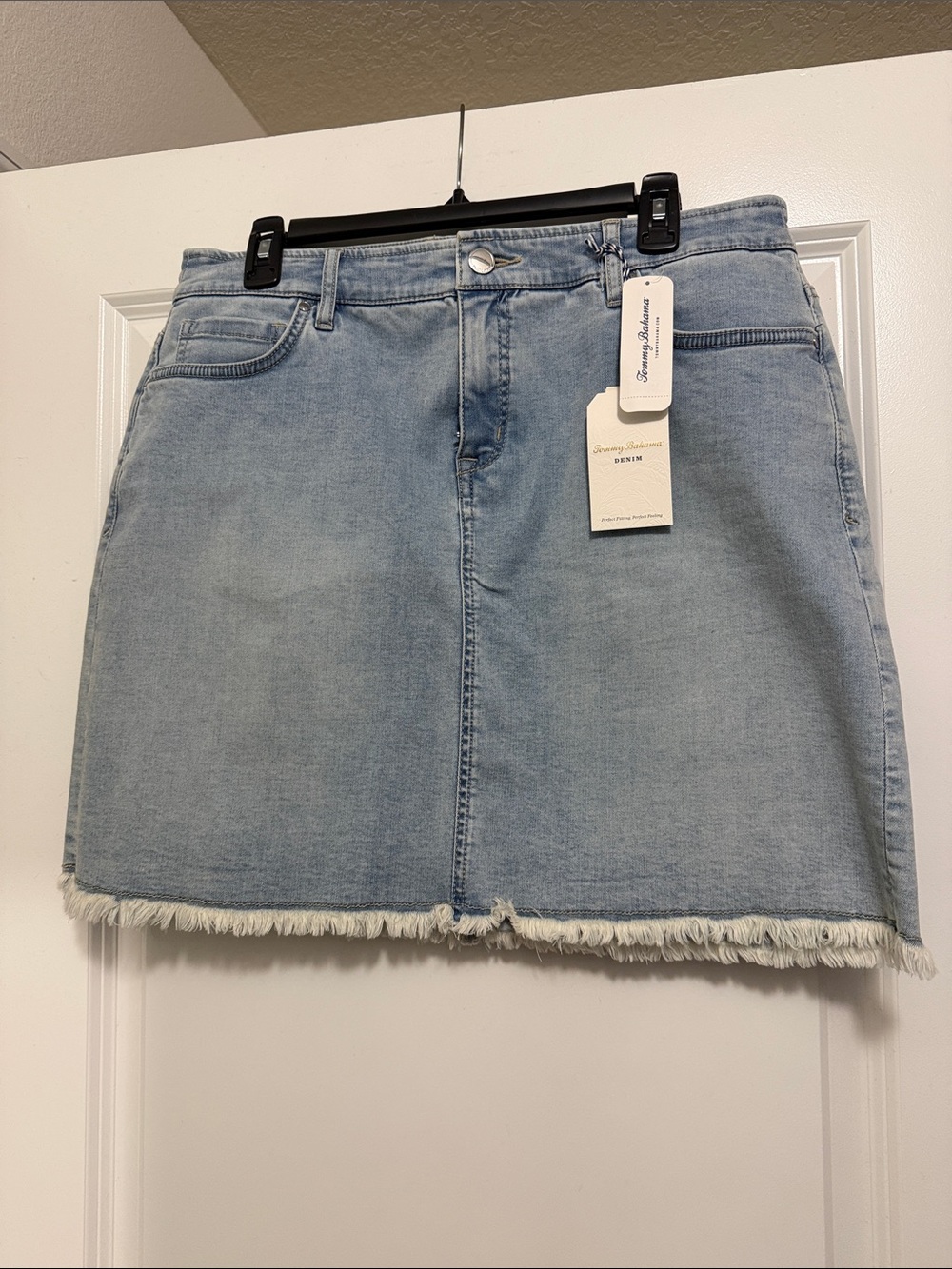 Tommy Bahama Light Blue Denim Mini Skirt with Frayed Hem
